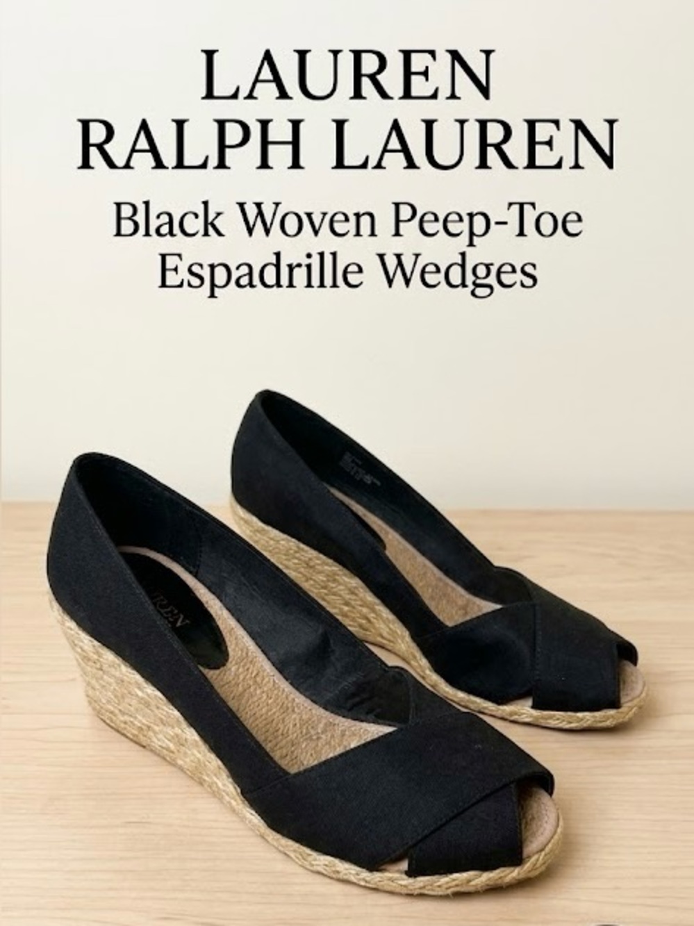 Lauren Ralph Lauren Women’s Cecilia Black Espadrille Wedge Peep-Toe Size 10B